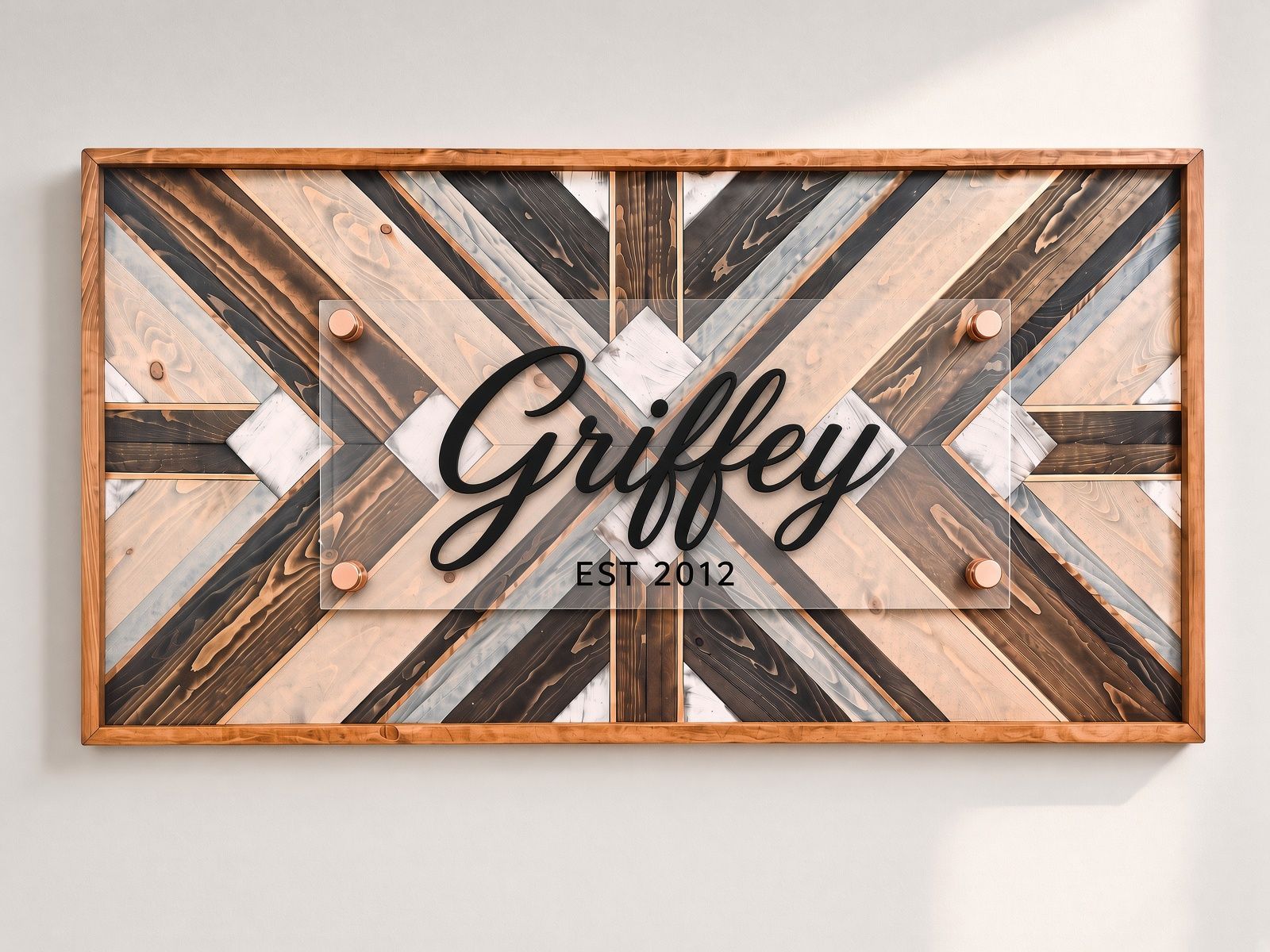 Framed rustic wood wall sign reading “Griffey” with “EST 2012” on a white background