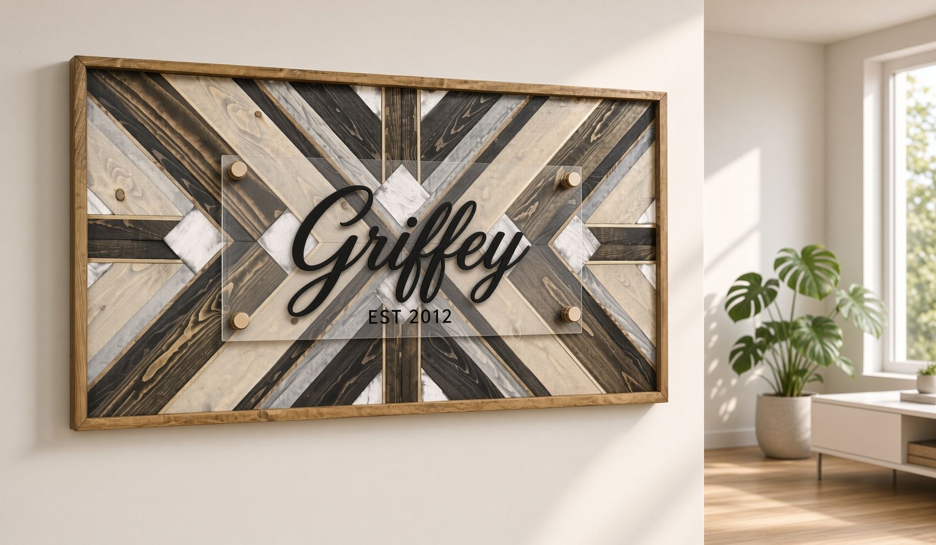 Wooden farmhouse-style sign reading “Griffey” with “Est 2012” in black and white tones