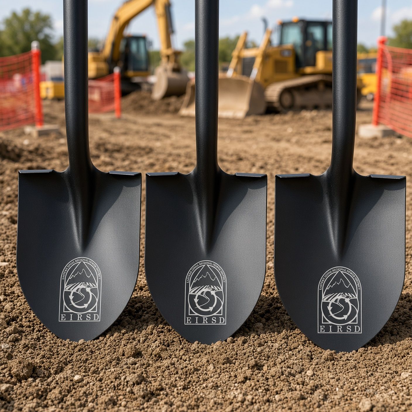 Four black shovels with gold emblems lined up against a red and white backdrop.