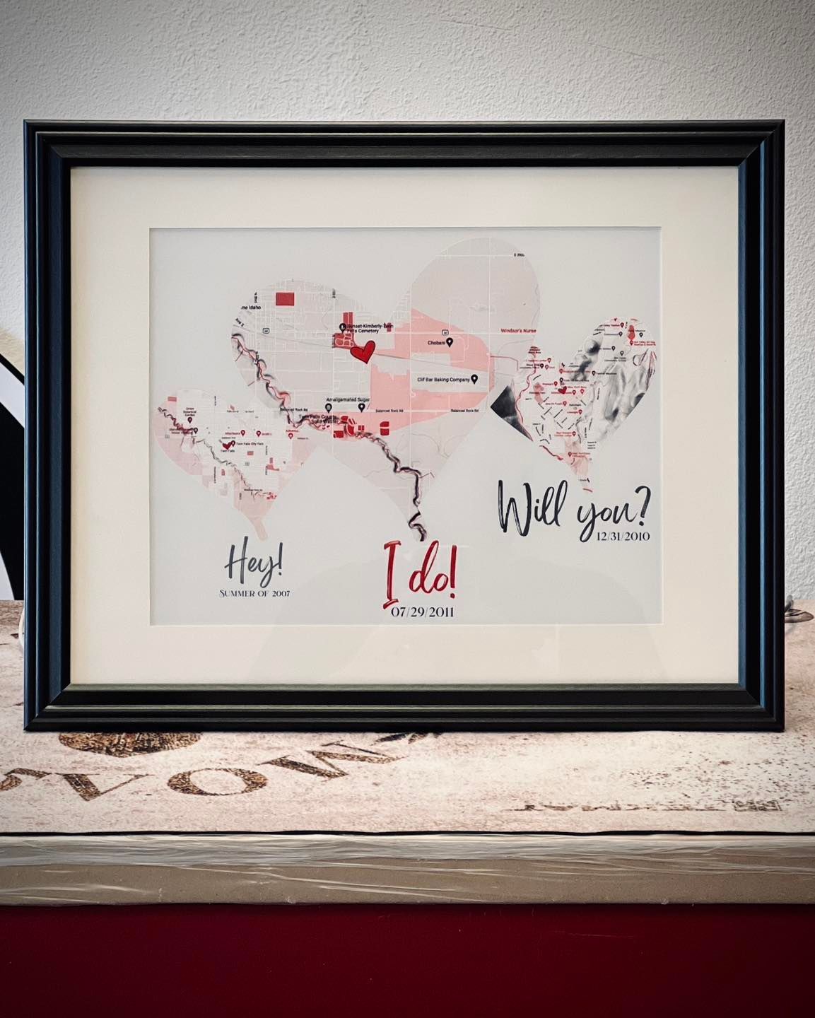 Framed map with red highlighted locations, 