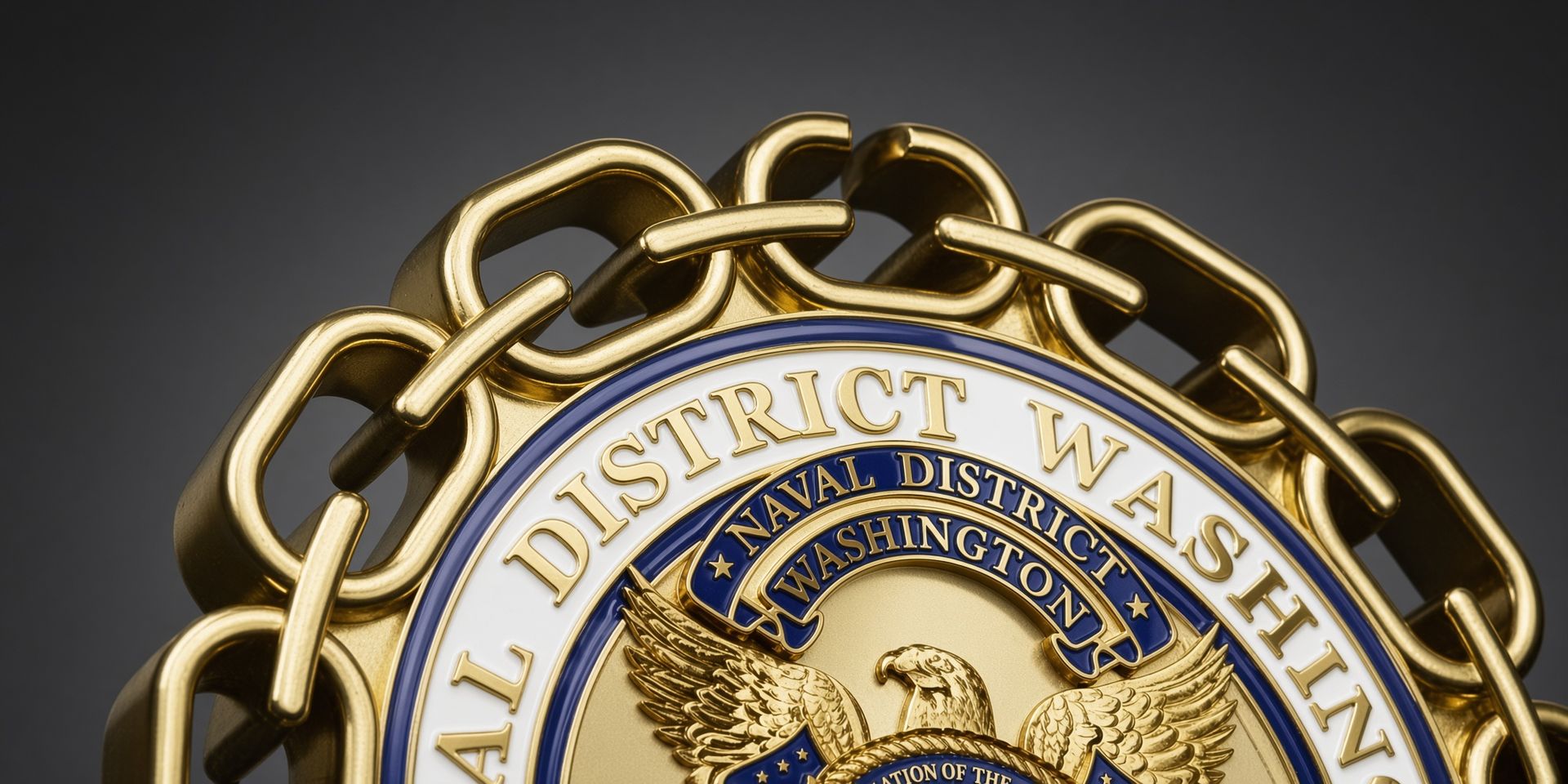 Close-up of a gold U.S. District of Washington seal on a chain necklace