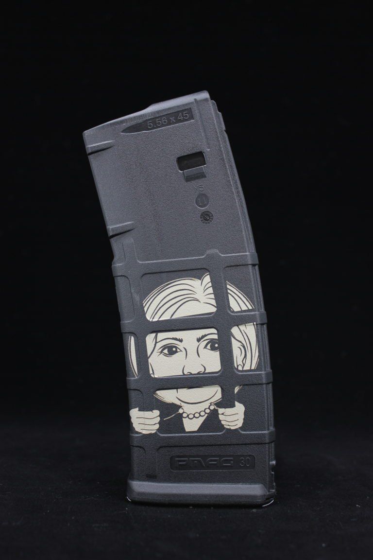 Gun magazine with a cartoon of a face behind bars.