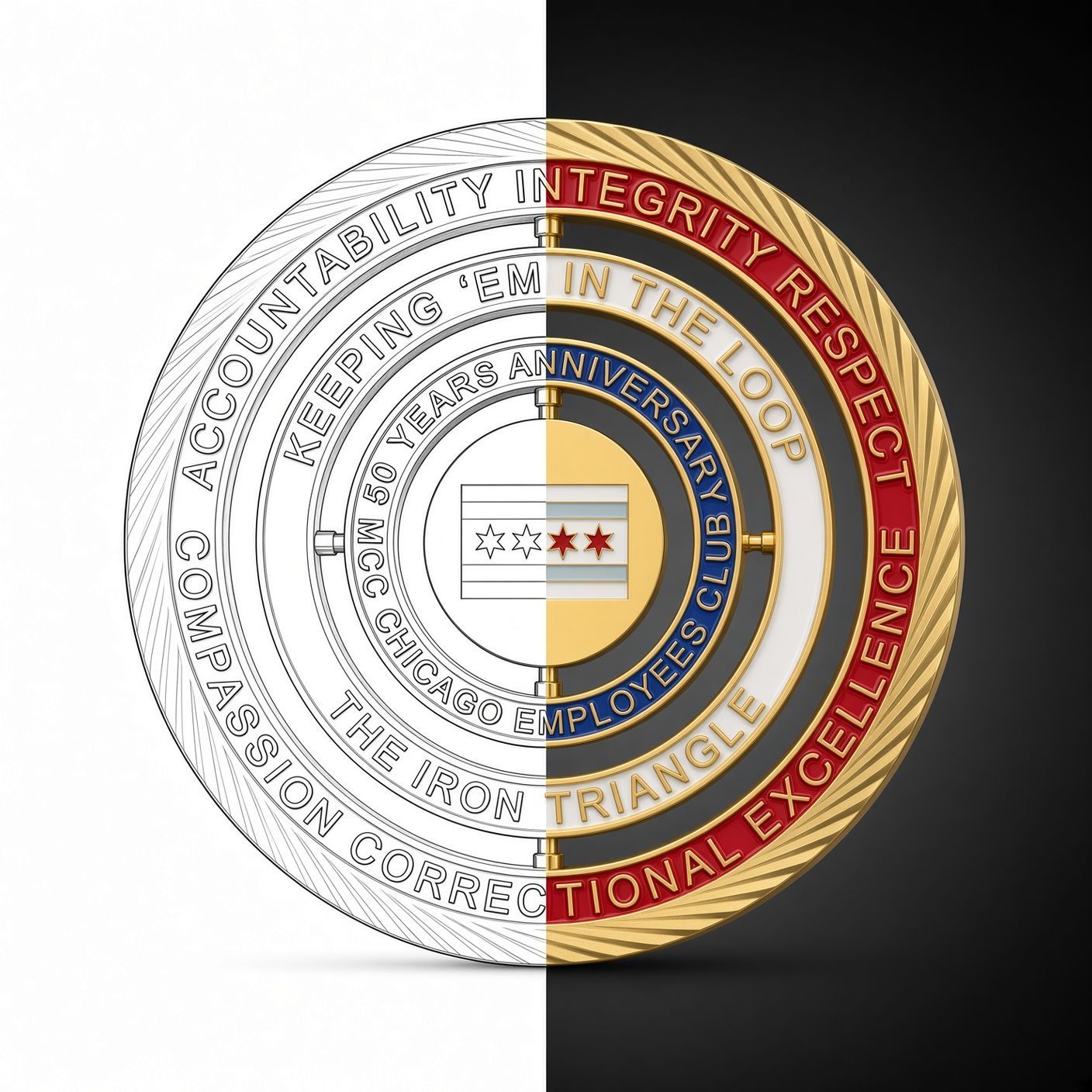 Circular school seal with gold, blue, and red text around a central emblem.