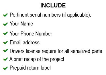 Checklist titled “INCLUDE” with green check marks for serial numbers, name, phone, email, driver’s license, project recap, and prepaid return label.
