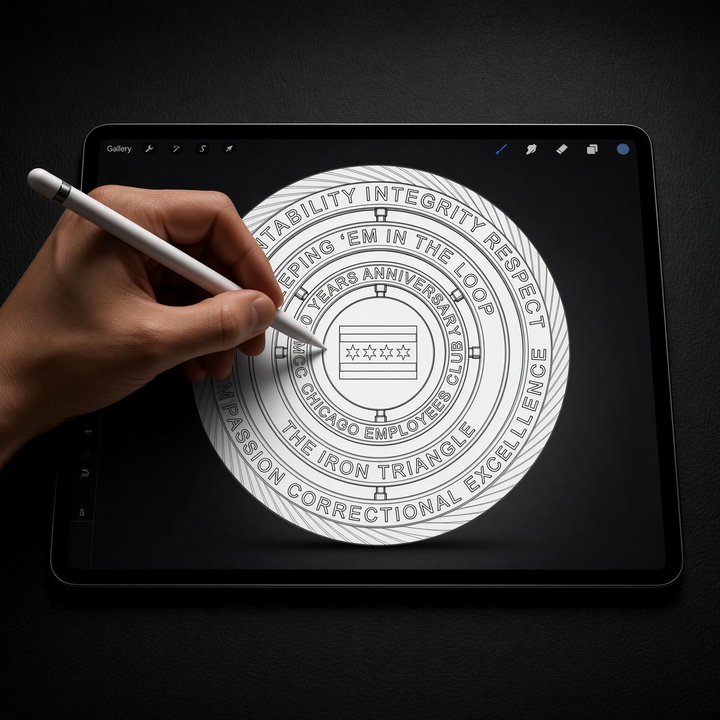 Hand holding a stylus over a tablet displaying a detailed circular design on a dark background