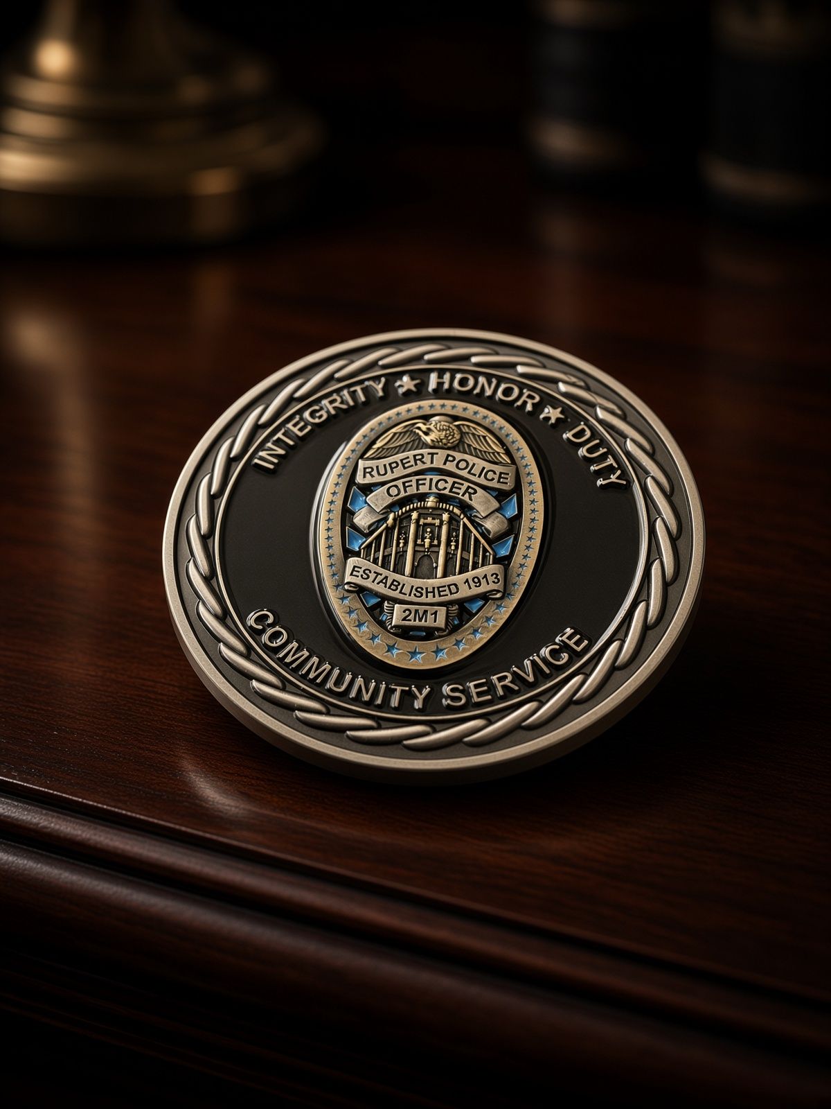 A commemorative coin with a blue-and-gold seal rests on a polished wooden table.