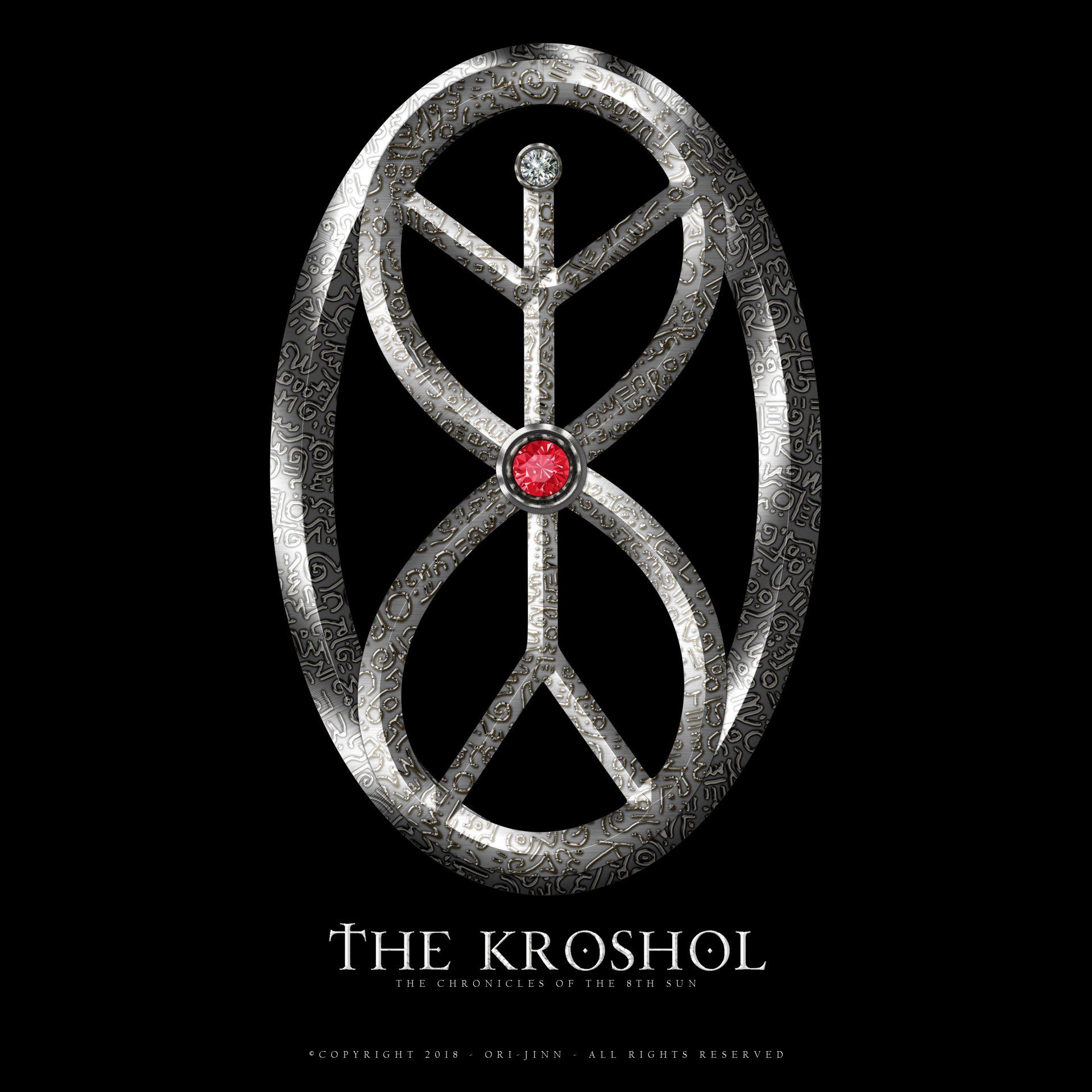 Silver oval emblem with a red gem and the text “THE KROSHOI” on a black background