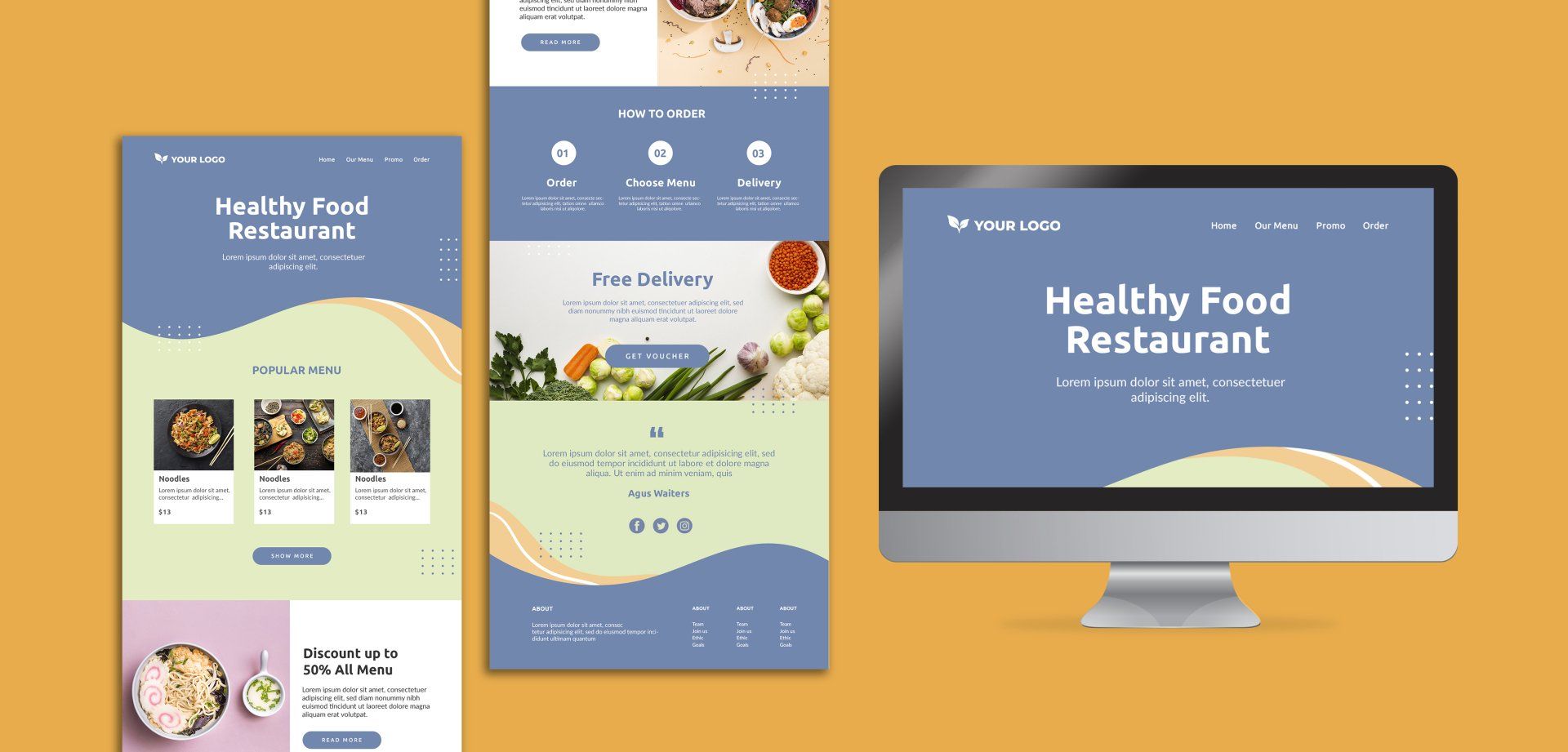 Healthy Food Restaurant website mockups on desktop and mobile in blue and yellow