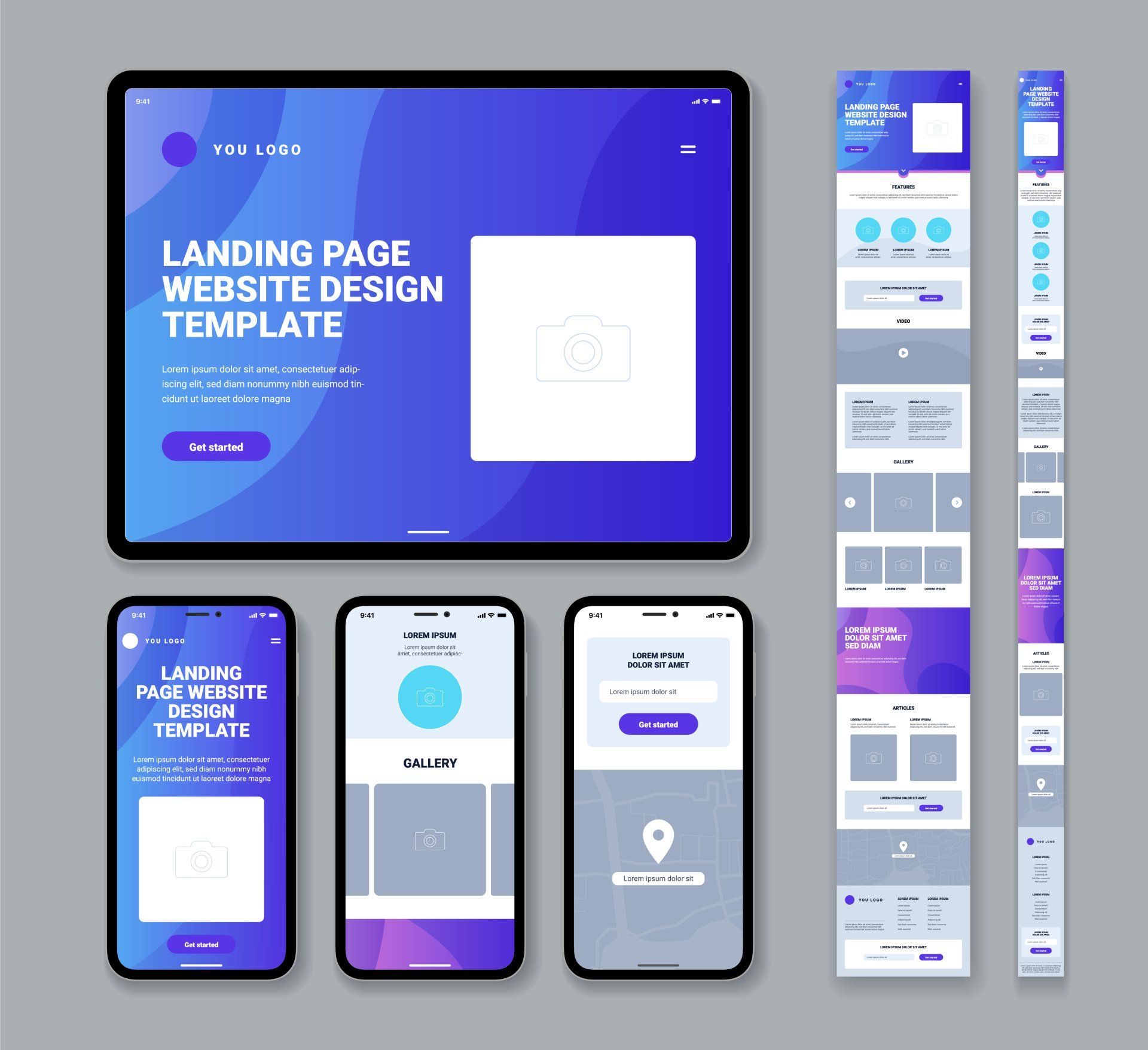 Landing page website design mockup with purple desktop and mobile app screens