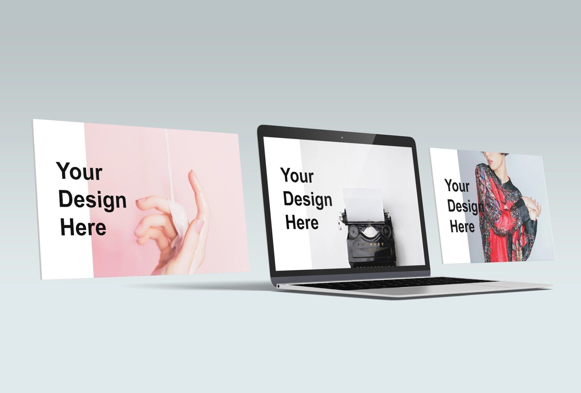 Three angled laptop mockups on a light background with “Your Design Here” placeholders.