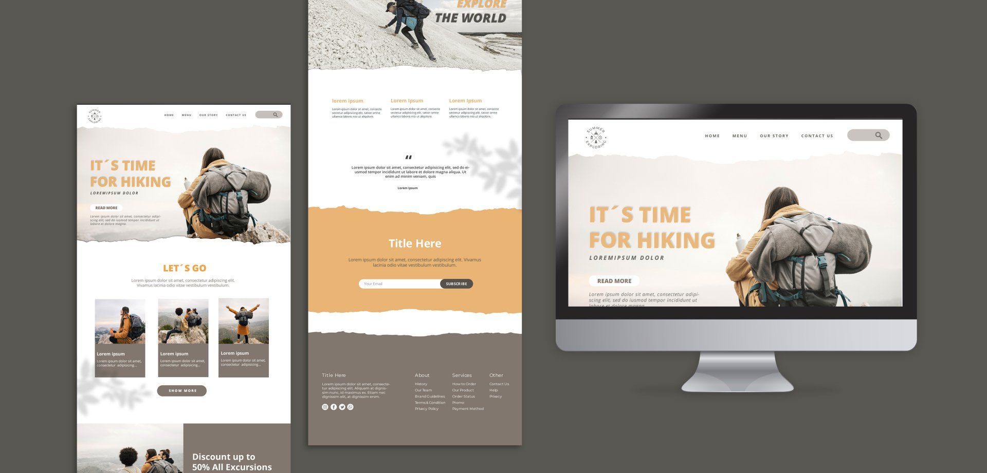Website mockups on desktop, phone, and tablet with a soldier photo and beige branding.