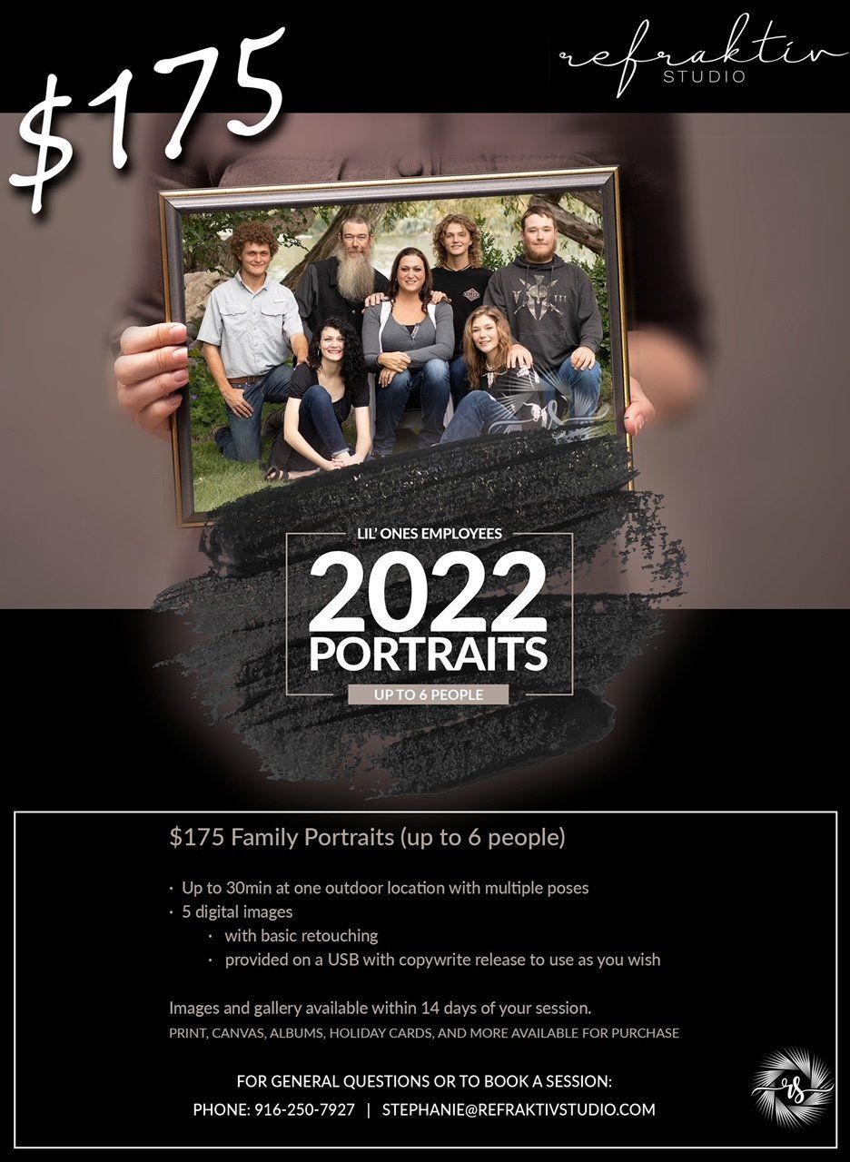 Family portrait ad.  Person holds a framed family photo. $175 package includes photoshoot and digital images.  2022 portraits.