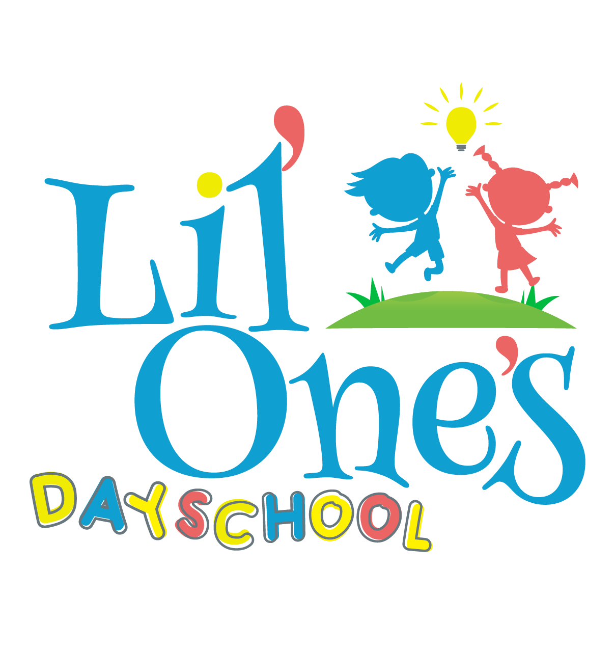 Lil Ones Day School logo with playful blue and pink children under a yellow sun