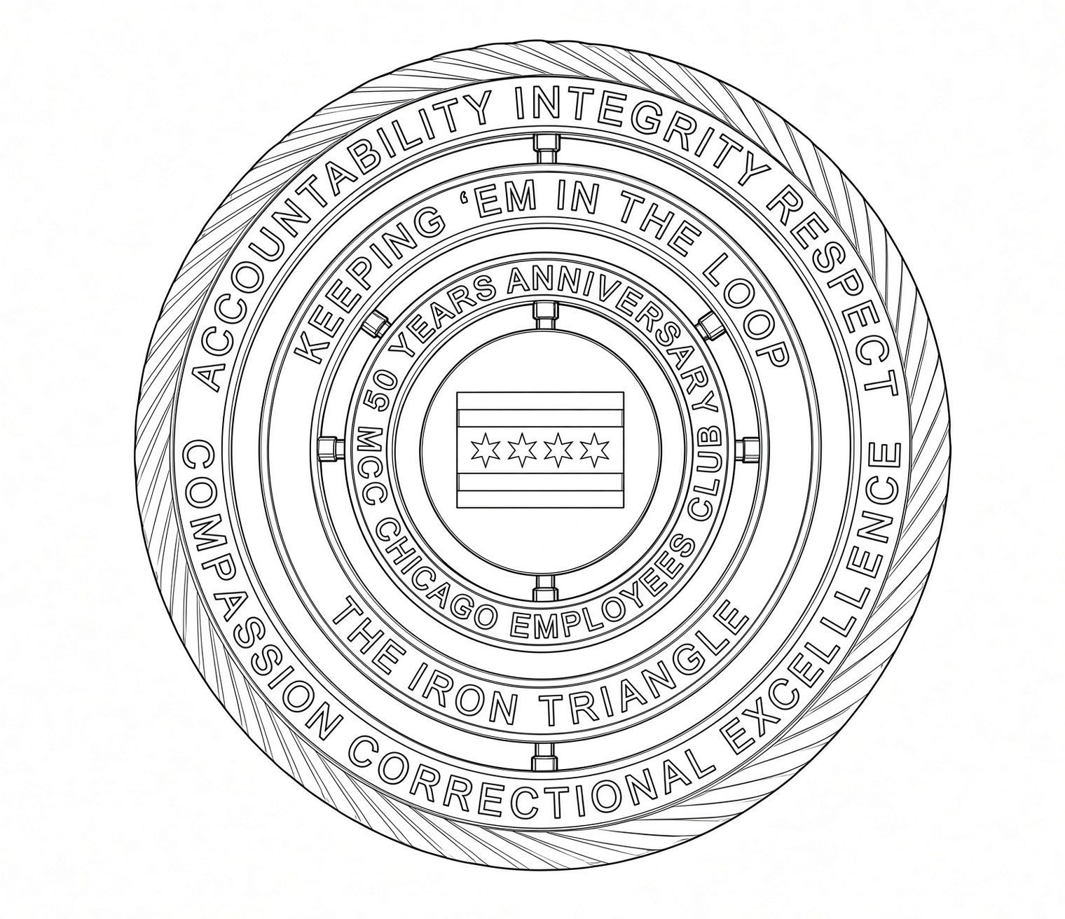 Circular black-and-white seal or emblem with intricate concentric patterns and text around the edge.