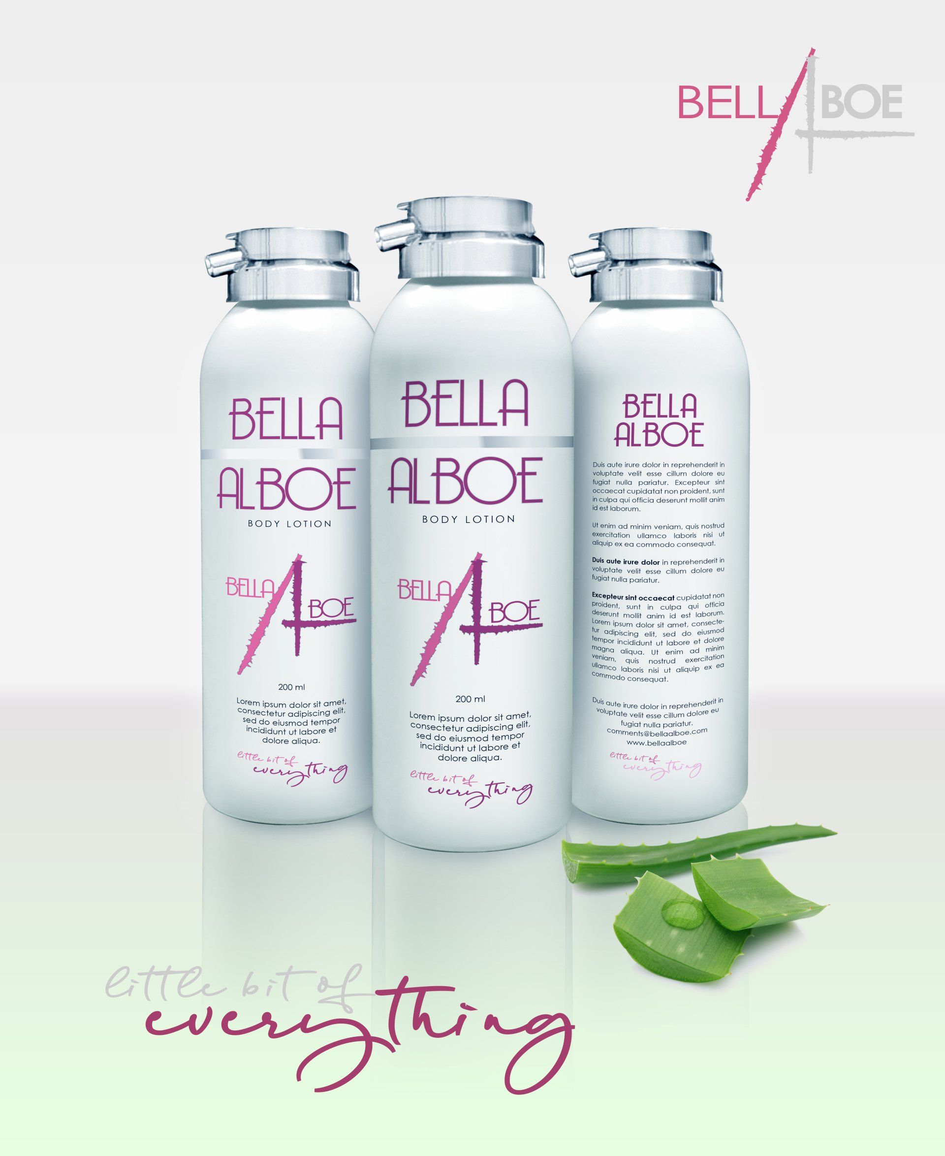 Three white Bellabee bottles with pink labels and green leaves on a light background