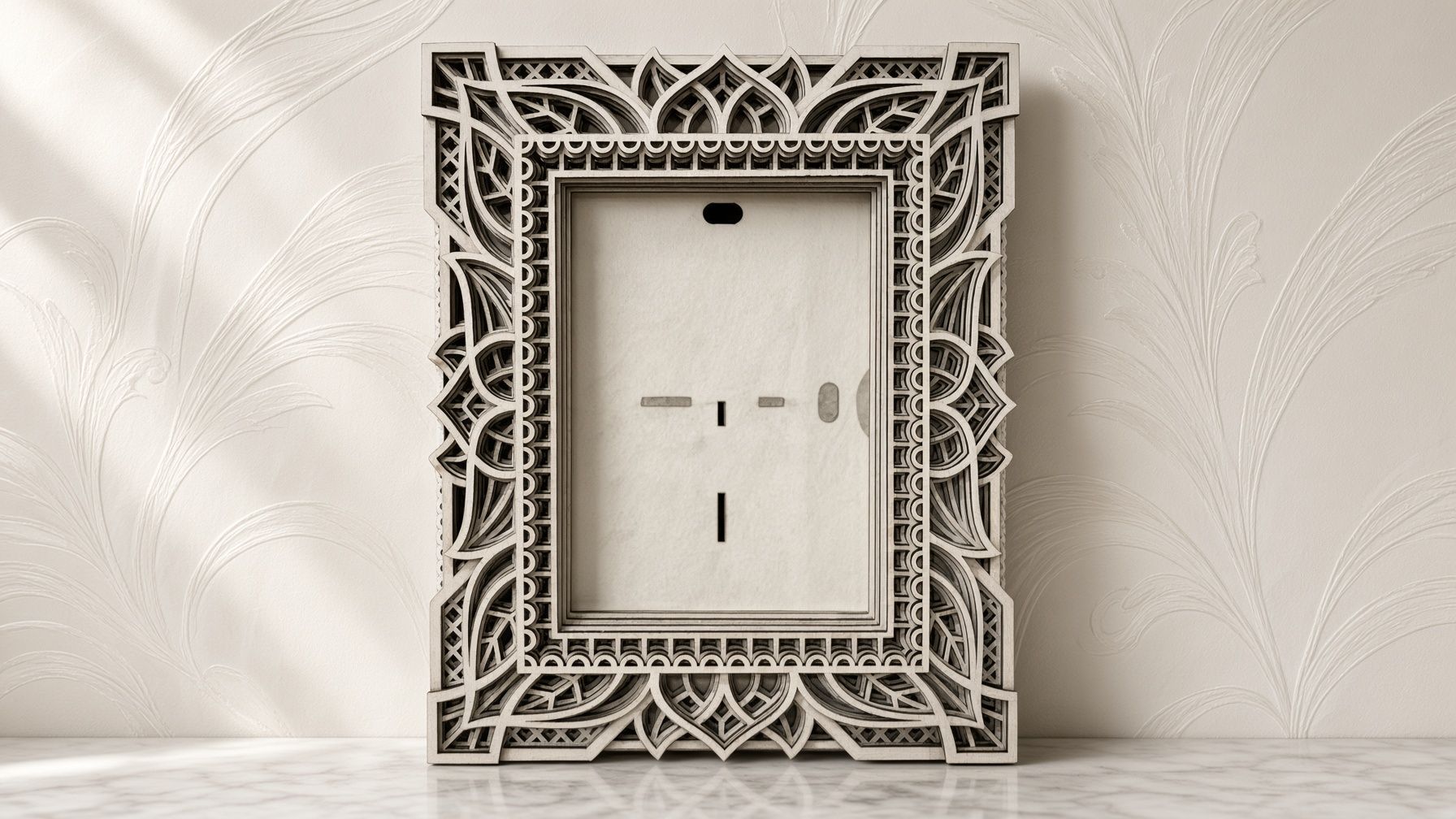 Decorative white carved frame surrounding a light switch plate with multiple openings