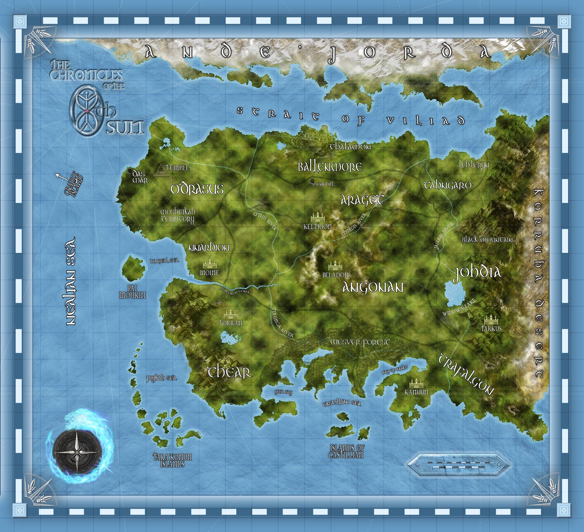 Map of a large island and surrounding ocean, with place names labeled.