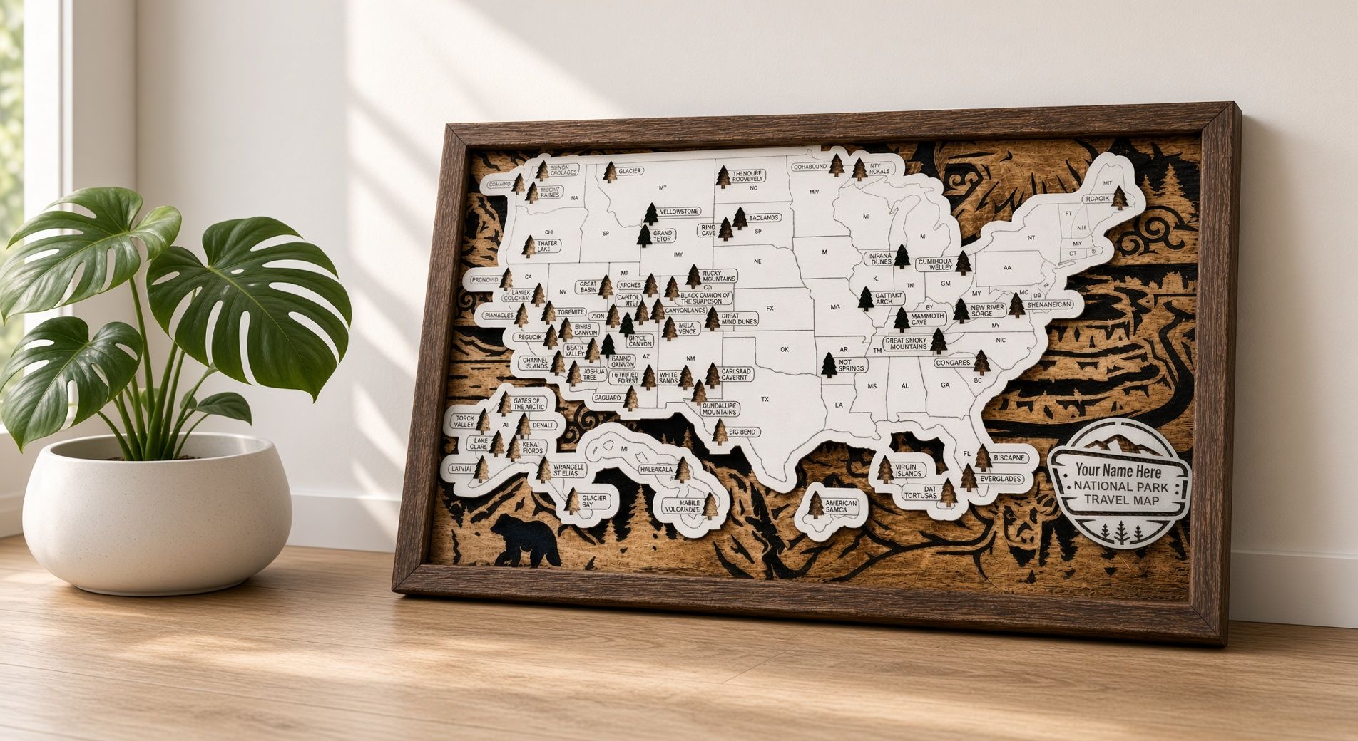 A map-shaped puzzle spread across a wooden table, with many small pieces and a white border.