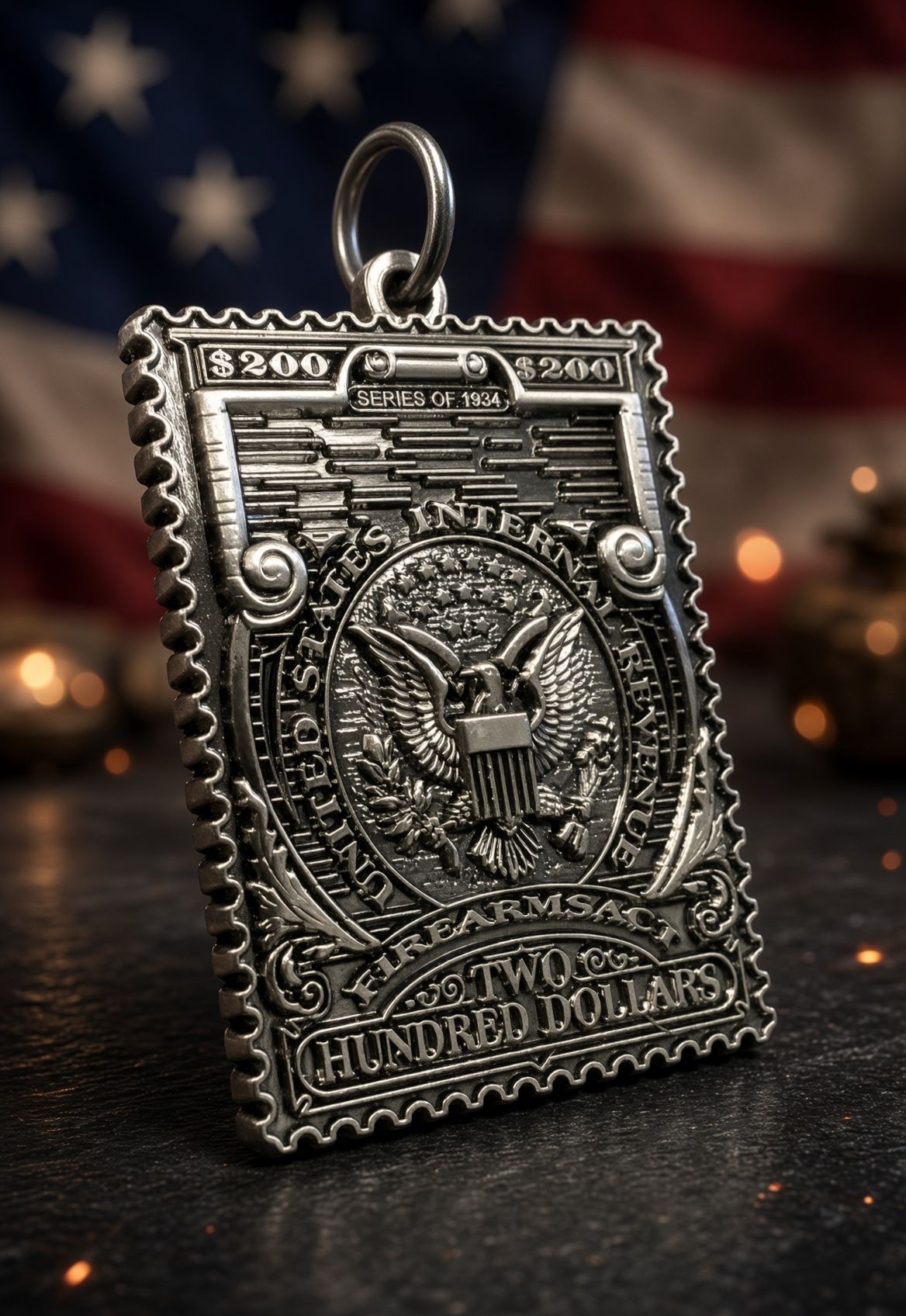 Close-up of a silver pendant shaped like a U.S. $100 bill, held between fingers.