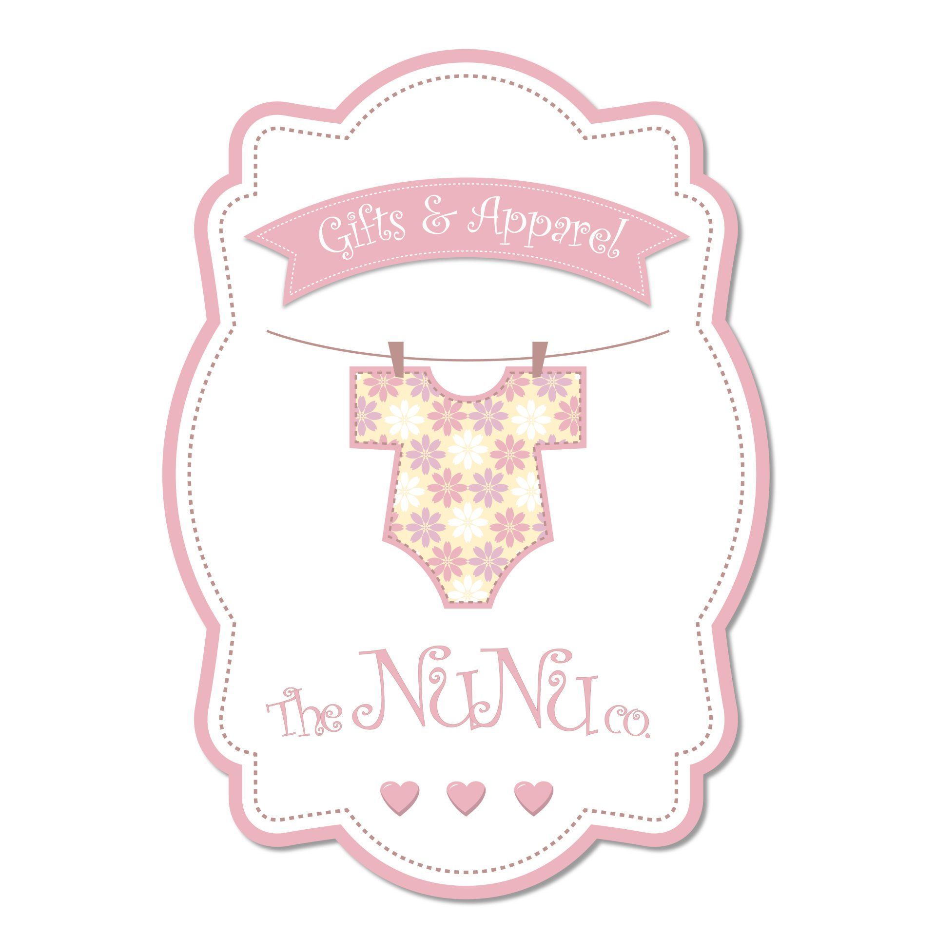 Pink baby shower card with floral onesie, ribbon banner, and hearts on a white background
