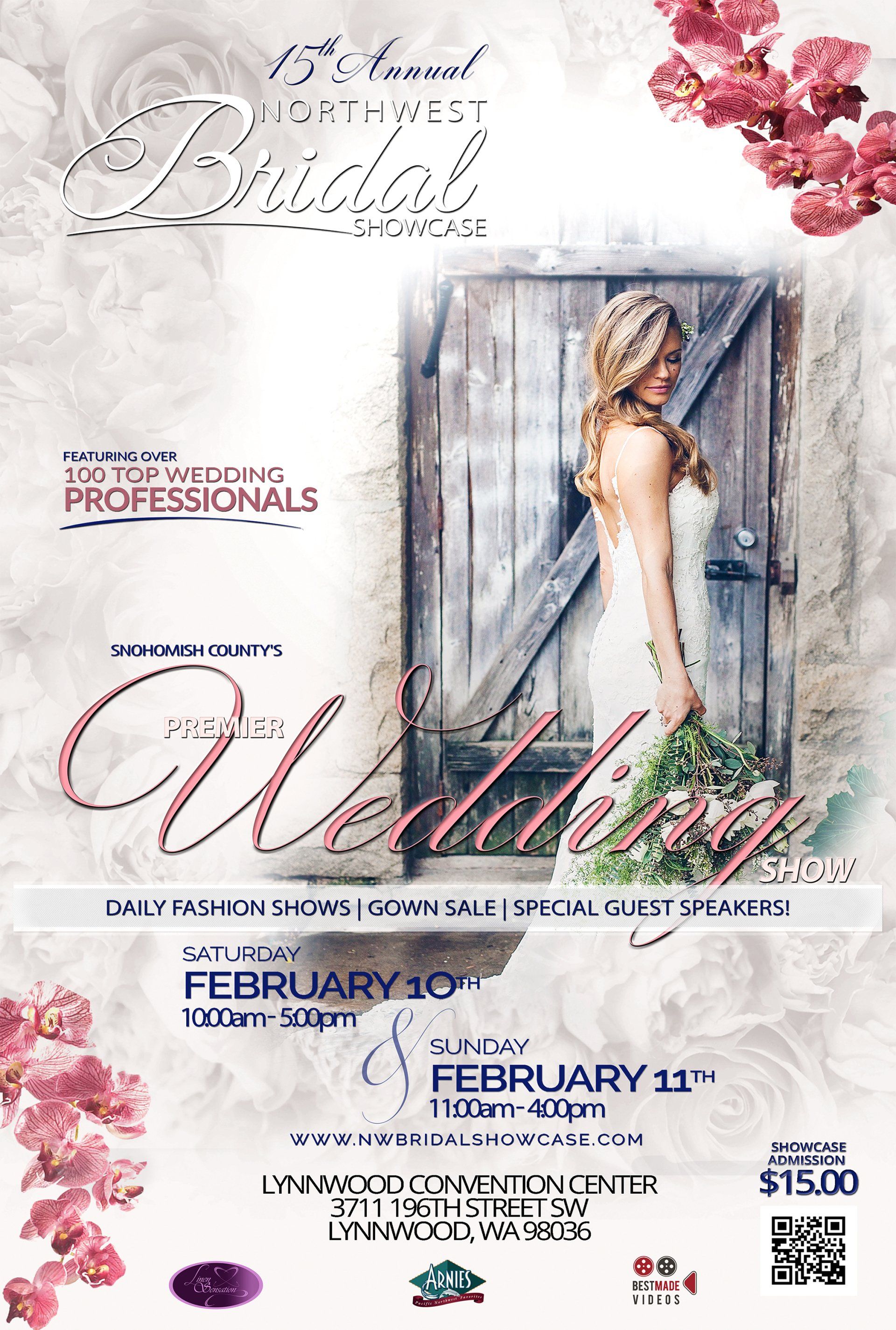 Poster for the 13th annual Northwest Bridal Show: woman in a wedding dress, text overlay, February 10th-11th, Lynnwood, WA.