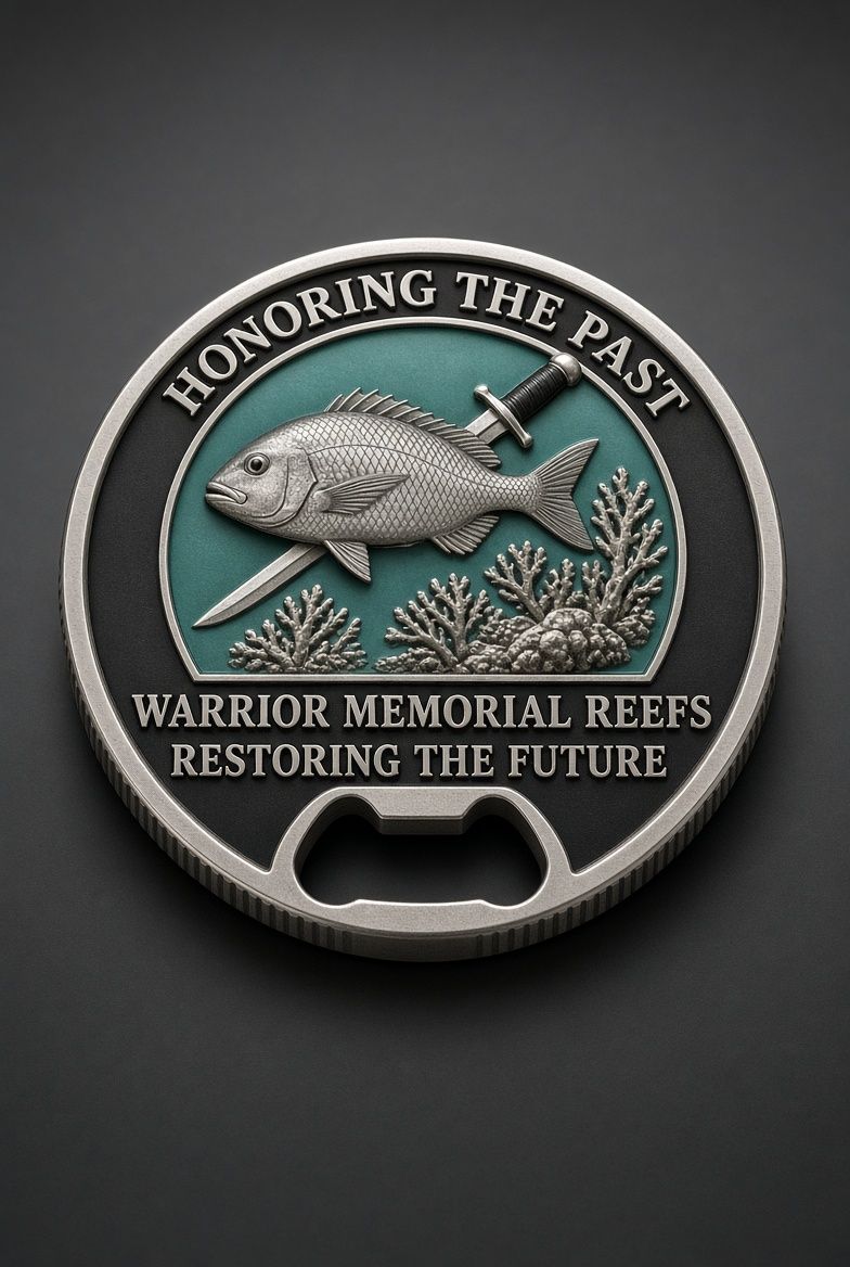 Circular metal emblem with fish and reeds, engraved “Honoring the Past, Warrior Memorial Reefs, Restoring the Future”