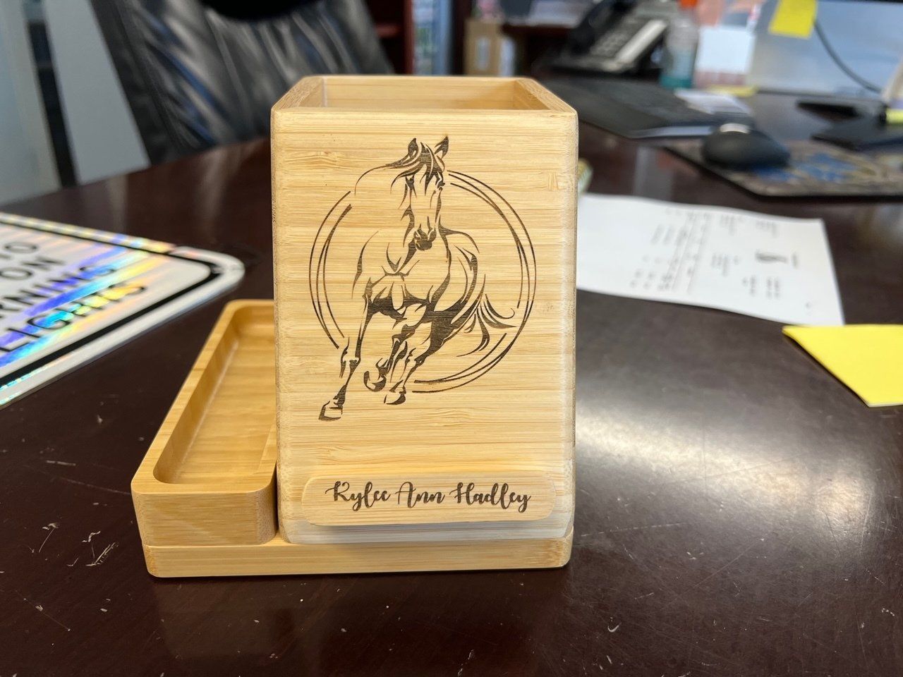 Bamboo pen holder with engraved horse image and name 