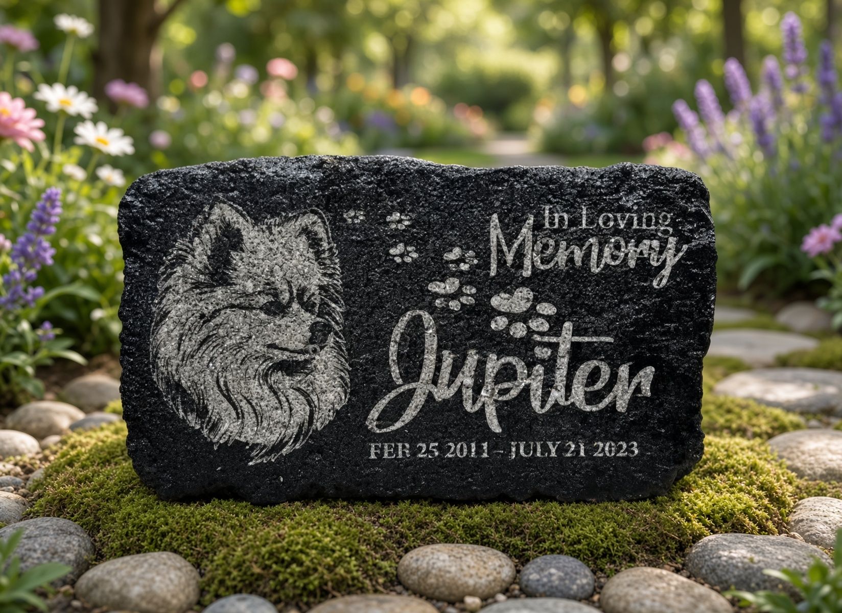 Black engraved memorial stone with a face portrait and the word “Jupiter” in white script.