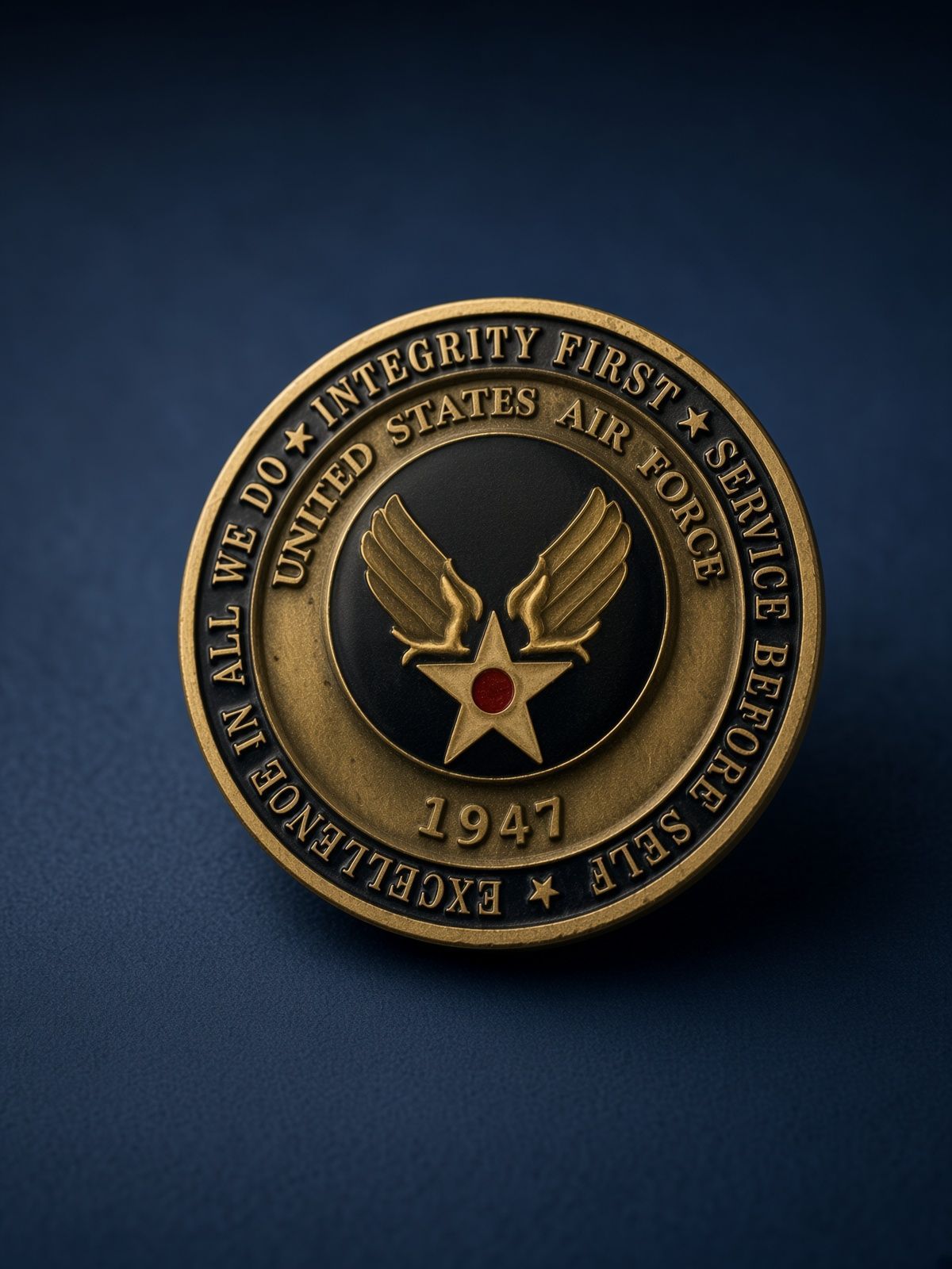 Gold-and-black commemorative coin with eagle emblem and text, on a dark blue background