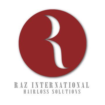 RAZ International Hairloss Solutions logo: white stylized “r” in a maroon circle with gray text below