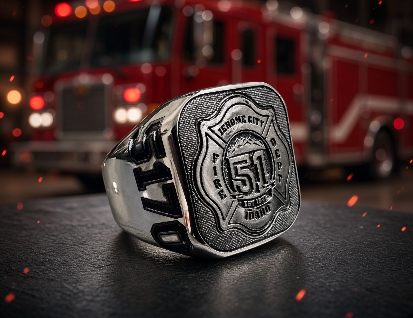 Silver championship-style ring with a black engraved face on a reflective tabletop, shot close-up.