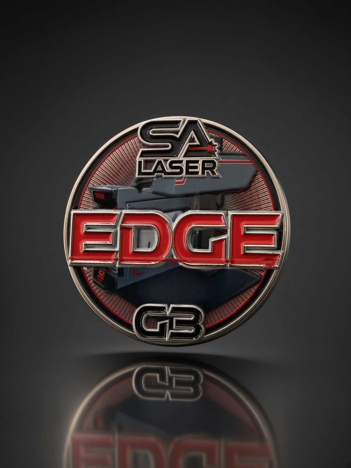 Round black-and-red “EDGE” badge logo with metallic text and a reflection below
