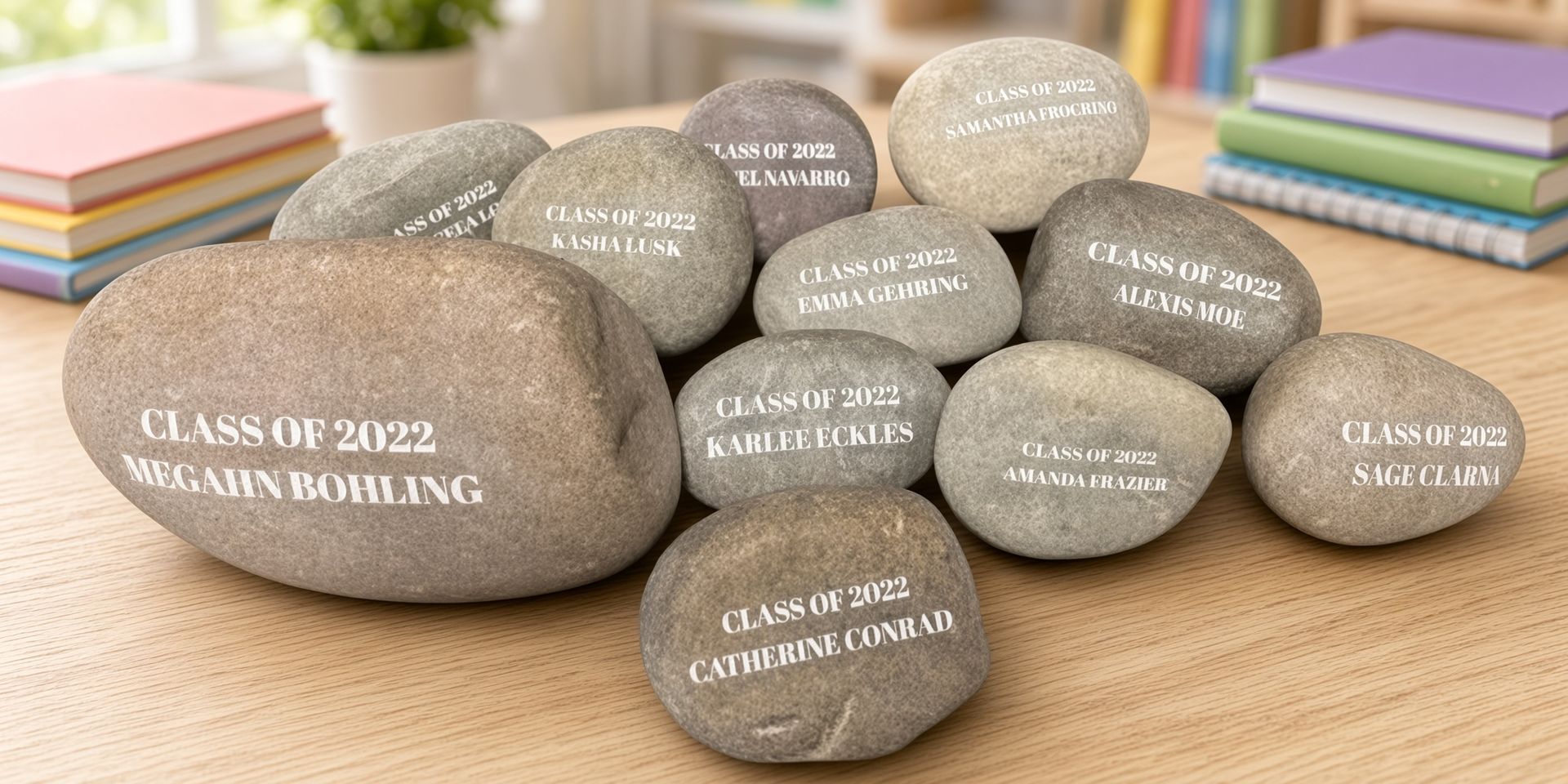 Graduation cap stones with class years and names arranged on a table