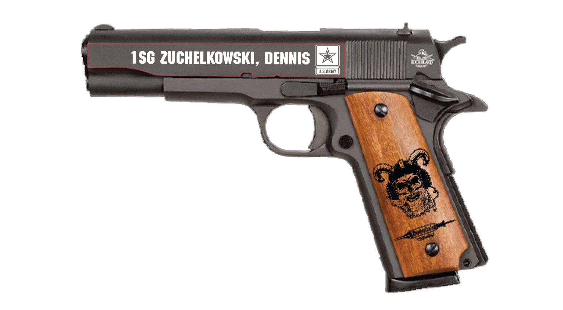 Side-view of a black handgun with wood-grain grip on a white background