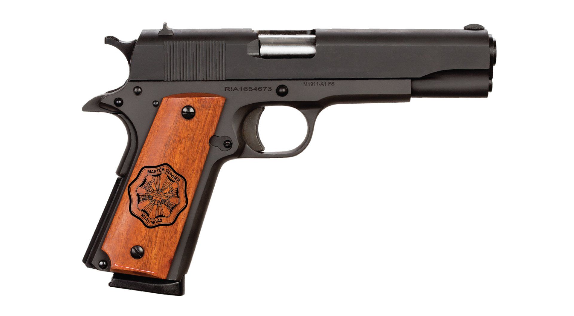 Black handgun with wooden grip on a white background