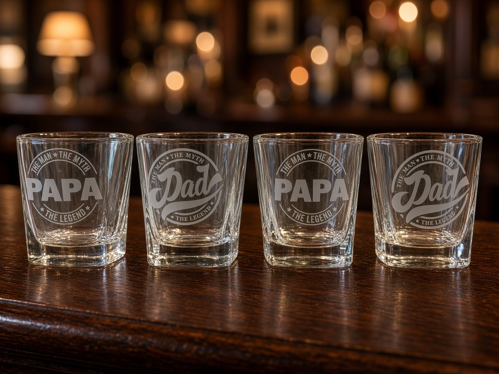 Four clear shot glasses on a wooden table, each etched with a different design.