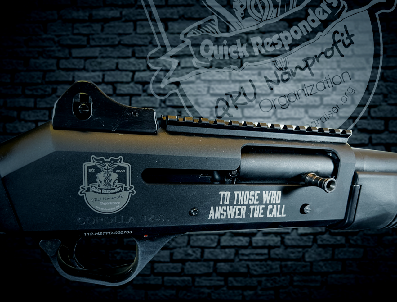 Black rifle on brick wall background with “Answer the call” text and military-style insignia.