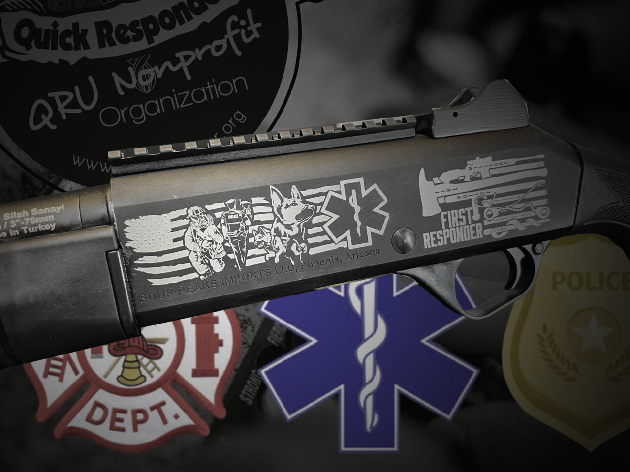 Black firearm with white decals over law-enforcement and EMS insignia background