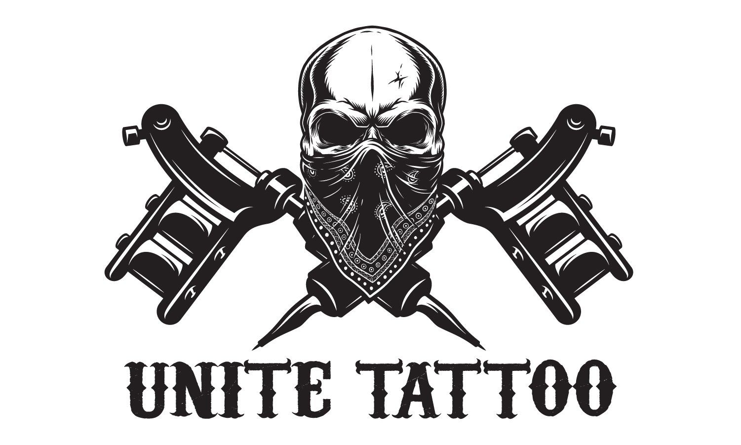 Skull with crossed pistols logo above “UNITE TATTOO” text in black and white