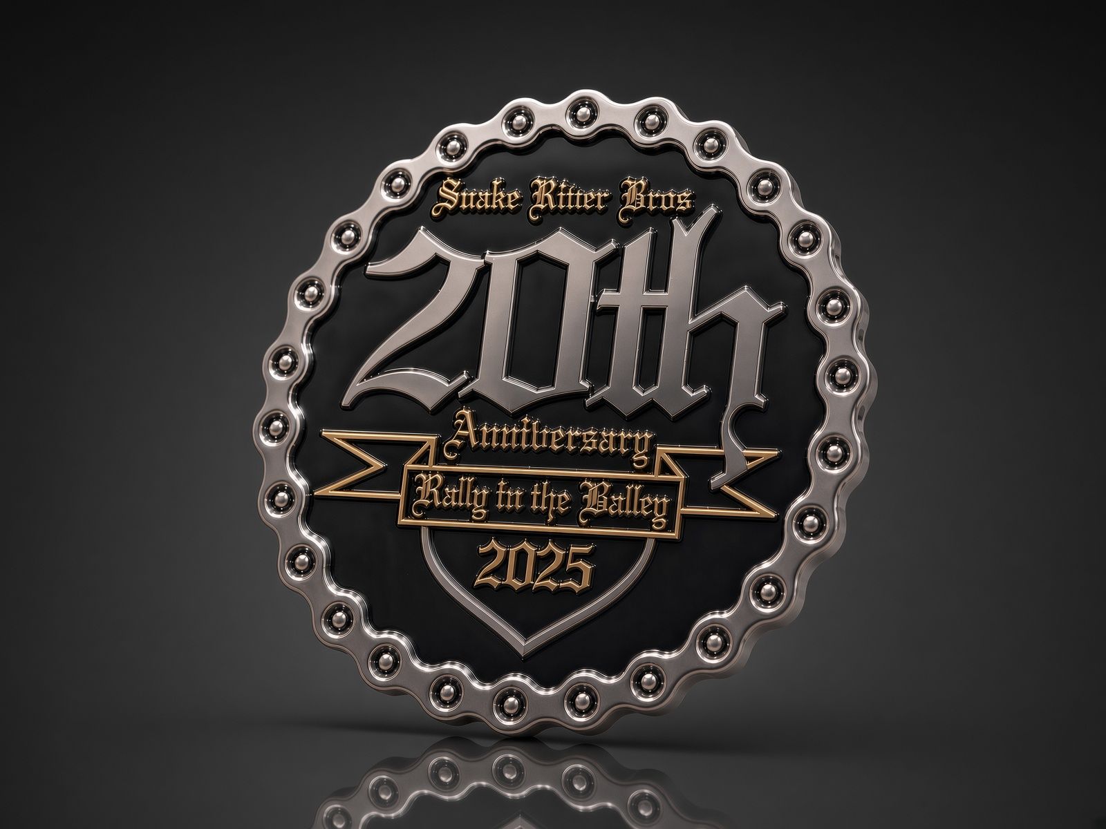 Round black commemorative emblem with silver chain border and gold text, marked “20th” and “2023”
