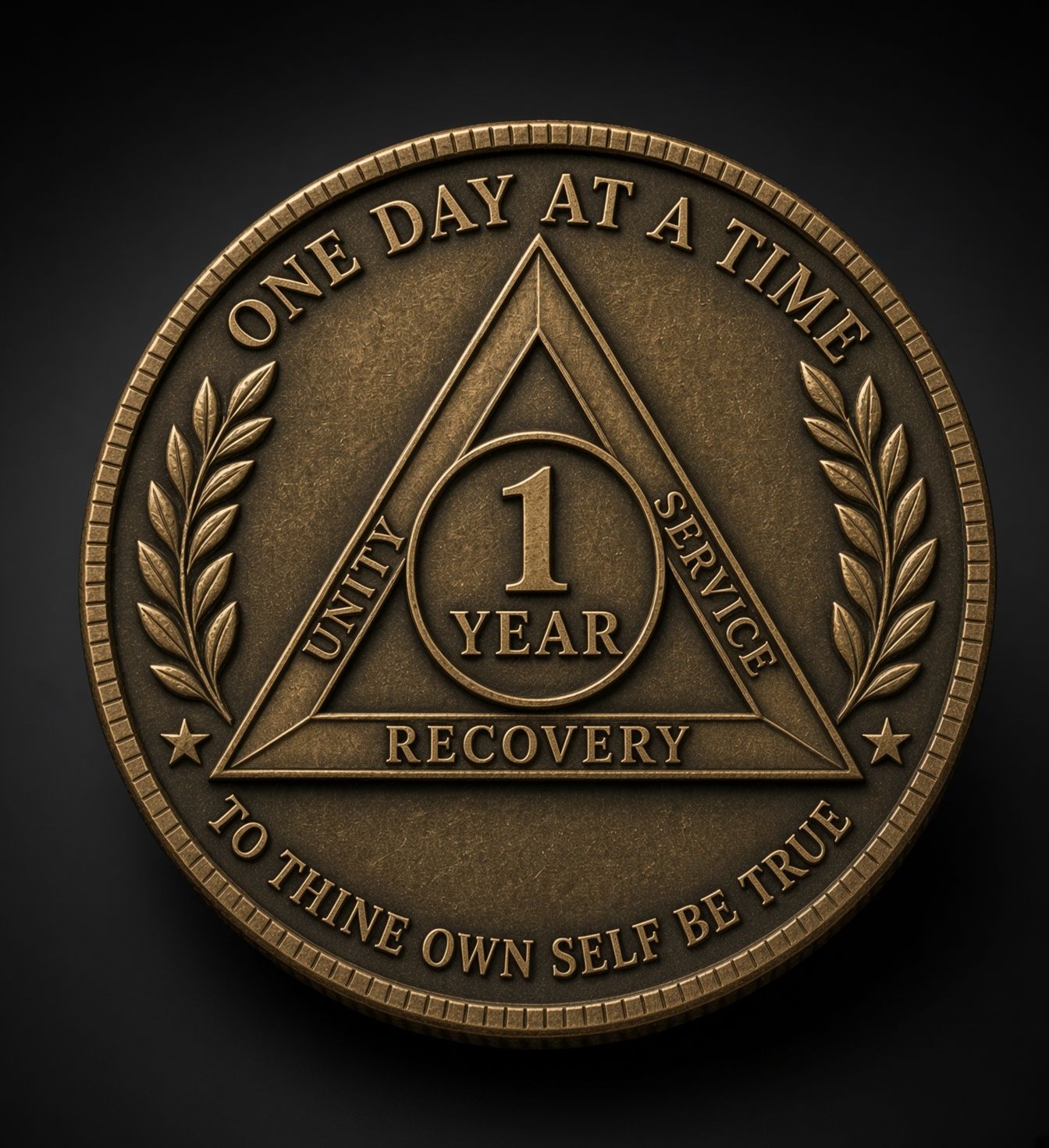 Bronze recovery medal with triangle and text “One Day at a Time” and “To thine own self be true”