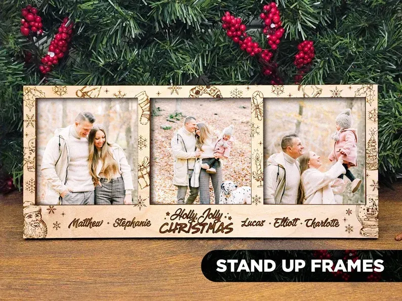 Three-panel wooden Christmas photo frame with festive floral design and family photos