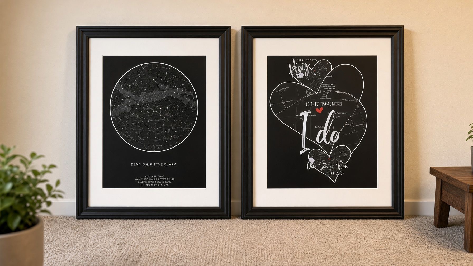 Two framed black-and-white celestial print artworks on a wall above a patterned rug