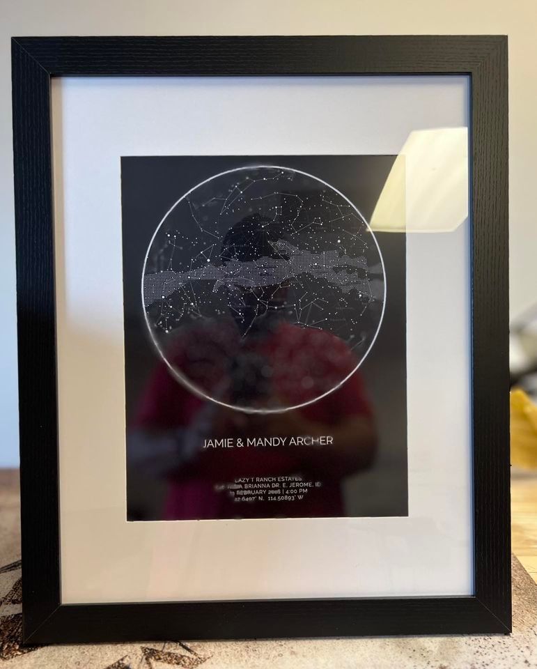 Framed star map print with black frame and white matting. Depicts the night sky in a circular design.