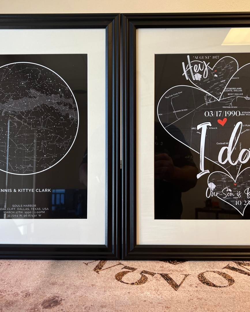 Two framed prints: a star map and a chalkboard-style design with the words 