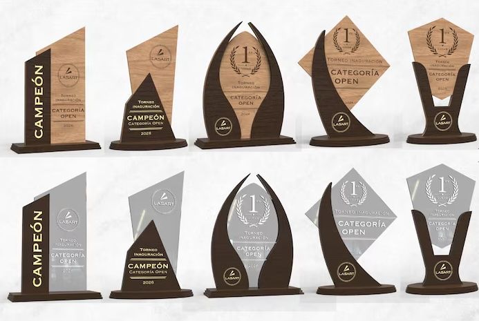 Display of gold, black, and silver award trophies and plaques on a white background