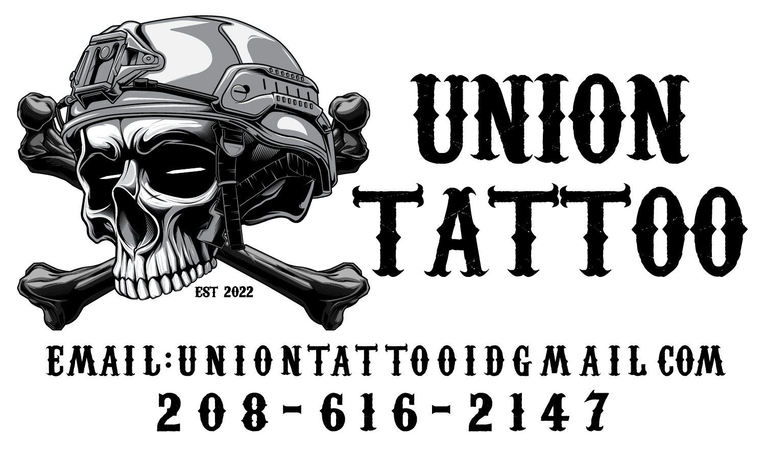 Black skull logo with “UNION TATTOO,” email address, and phone number on white background