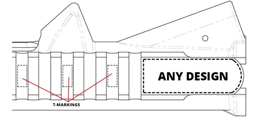Technical diagram of a sloped roof and wall with a labeled “ANY DESIGN” panel and dashed construction lines