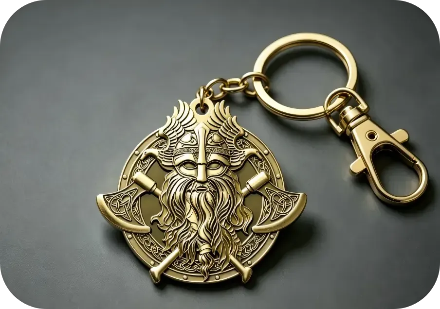 Gold skull and crossbones keychain with a clip on a gray background