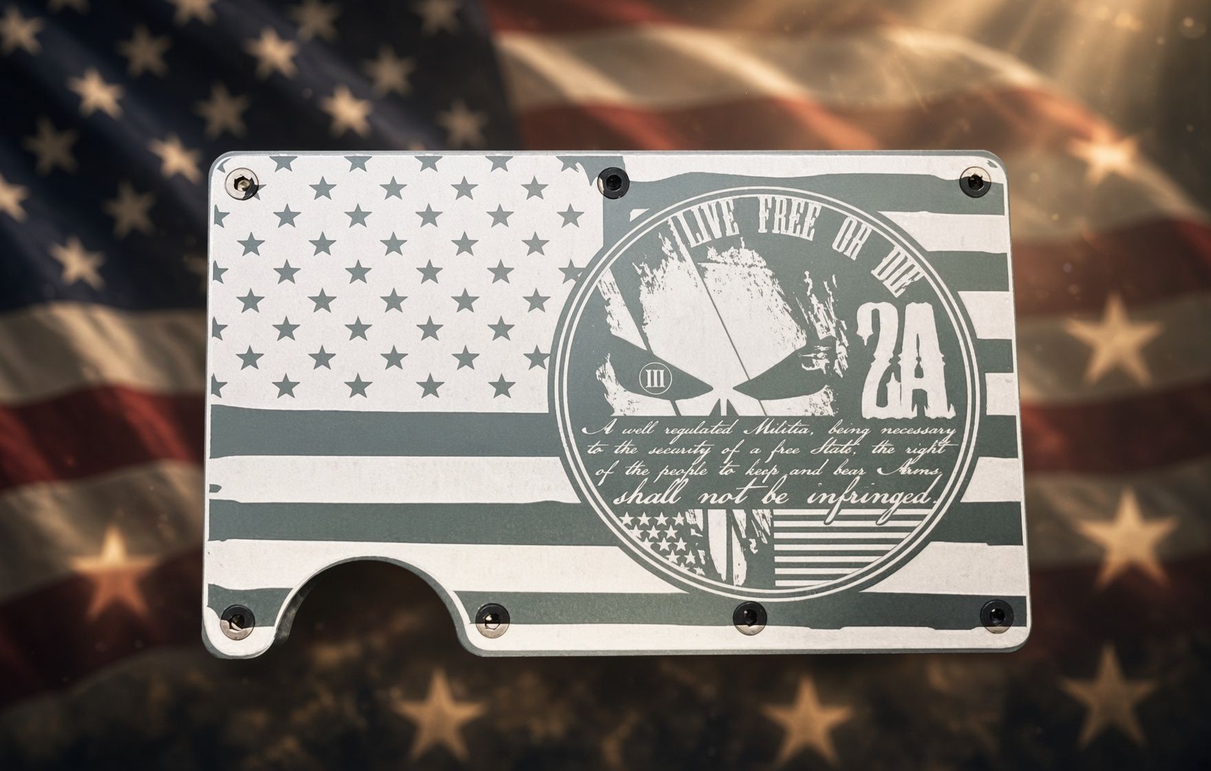 Black-and-white striped wallet with stars, pirate ship emblem, and “2A” on the front